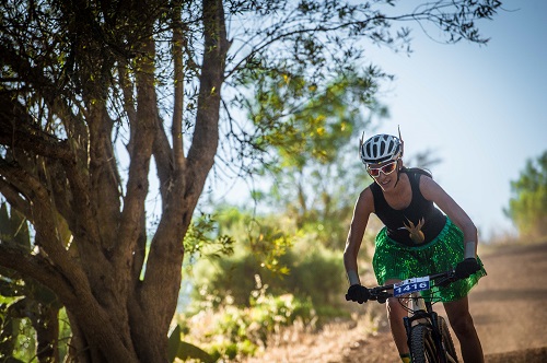 Andrea Marcellini takes on stage one of the Origin Of Trails dressed as a super hero. Photo: Tobias Ginsberg