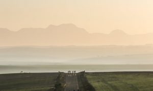 A long stretch of road showcases numerous riders during the Around The Pot Overberg 100 Miler.
