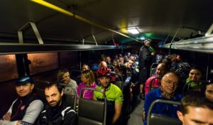 Riders in a bus on their way to the start line of iMfolozi MTB Challenge.