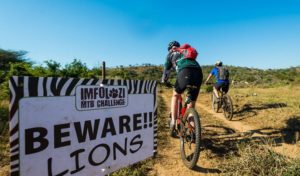 Riders passing a "Beware Lions" sign on the iMfolozi MTB Challenge route.