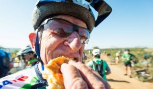 Fuelling up at a waterpoint during the iMfolozi MTB Challenge.