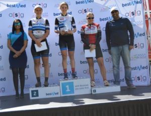 The top three women in the 50km MTB race at the Cycle4Cansa Championship were, from left, Nicolene Marais, Kristen Louw and Sharon van den Heever.