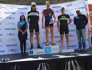 The top three men in the 50km MTB race at the Cycle4Cansa Championship were, from left, Alex Pavlov, Henry Uys and Andrew Westway.