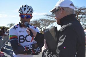 Nolan Hoffman being interviewed by Johnny Koen after winning the 20th edition of the Cycle4Cansa Road Championship.