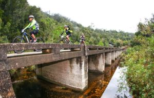 A few riders crossing a bridge on stage one of the Storms River Traverse.