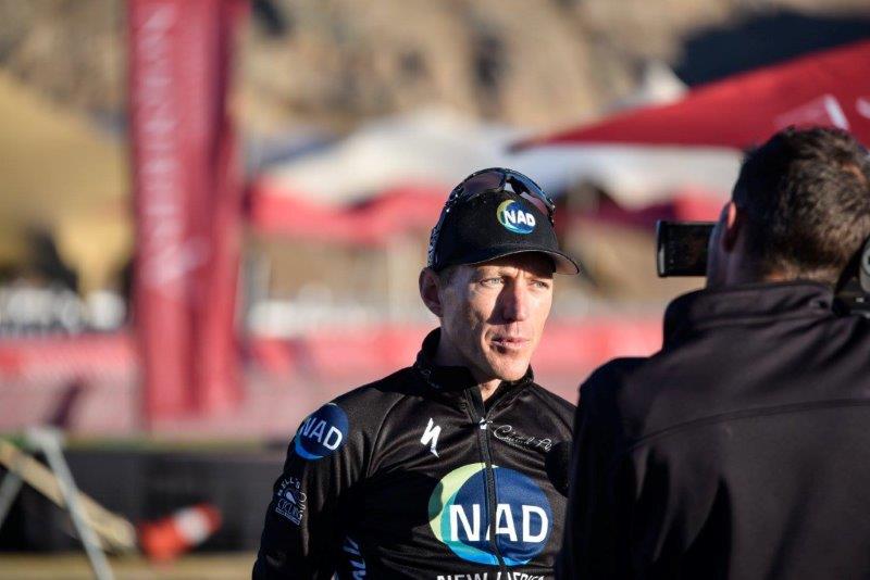 Team NAD Pro's Gawie Combrinck being interviewed on day two of the sixth leg of the National MTB Series in Dullstroom today.