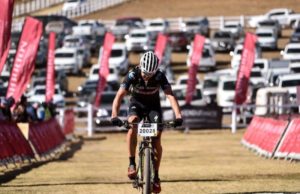 NAD Pro's Nico Bell crosses the finish line on day two of the National MTB Series in Dullstroom, Mpumalanga, today.