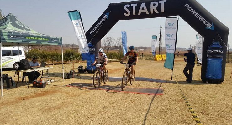 Mountain bikers crossing the line at the Race for Victory MTB Challenge in Johannesburg today.