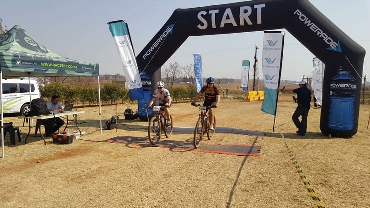 Mountain bikers crossing the line at the Race for Victory MTB Challenge in Johannesburg today.