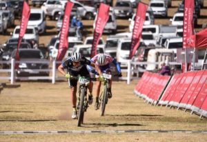 Samantha Sanders sprints to the finish to beat Candice Lill on day two of the National MTB Series in Dullstroom, Mpumalanga, today.