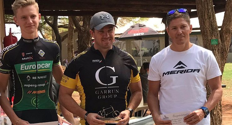 The top three men at the Sondela MTB Classic were from left, Louis Marais in second, Graeme Fox in first and Gertjie Harmse in third.
