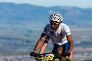 William Mokgopo in action on the trails on day one of the Varsity MTB Challenge just outside of Paarl.