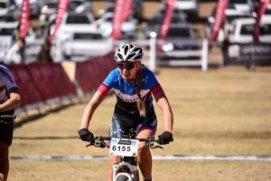 An image of Yolandi du Toit crossing the finish line on the second day of the National MTB Series in Dullstroom, Mpumalanga, today.