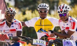 Three of the Lesotho Sky riders posed for a photo before the start of day five of the Lesotho Sky.