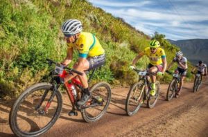 Christoph Sauser, Konny Looser, Waylon Woolcock and HB Kruger on route during stage two of Wines2Whales Race.