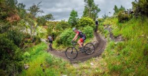 Mountain bikers take a corner on a section of the Wines2Whales Race route on the first day.