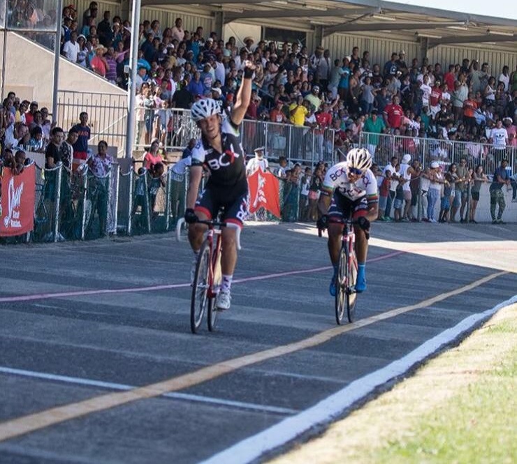 David Maree crossing the finish line in first place in the 'Devil' race at Paarl Boxing Day yesterday. Photo: Owen Lloyd
