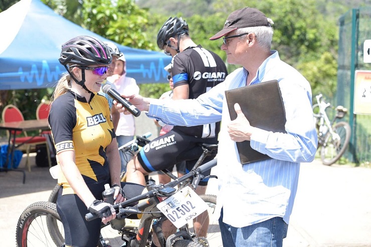 Hayley Smith, pictured here with Johnny Koen (left), won the 40km women's title at the Bestmed Wild Coast Sun MTB Classic in Port Edward, KwaZulu-Natal, today.