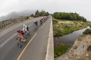 An aerial view of cyclists crossing the bridge during Sunday's Stellenbosch Cycle Tour.