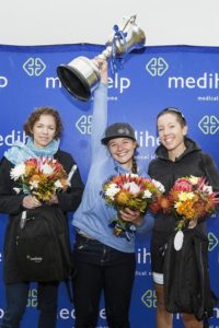 The women's podium from left to right is Katie Lennard (second), Liezel Jordaan (first) and Lucy James (third).