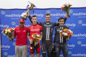 The top men finishers at the Stellenbosch Cycle Tour from left to right is Shameeg Salie (fourth), Craig Boyes (second), Rohan du Plooy (first) and Chris Cronje (fifth).