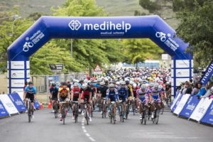 Cyclists in action soon after the start of this year's Stellenbosch Cycle Tour.
