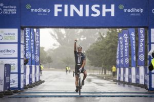 The 2017 Stellenbosch Cycle Tour champion Rohan du Plooy celebrated after crossing the line first.