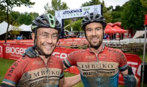 An image of Dylan Rebello (left) and Marco Joubert at the 2018 Attakwas Extreme MTB Challenge finish.