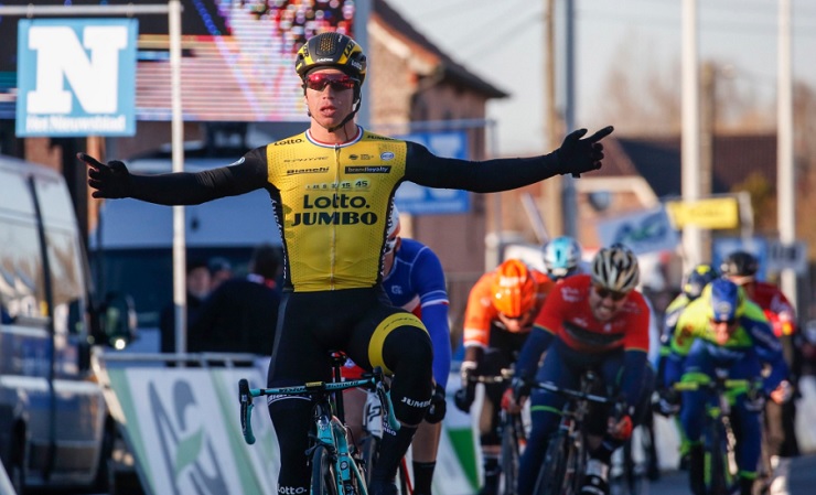 Dylan Groenewegen pictured winning the Kuurne-Brussel-Kuurne road race in Belgium today. Photo: LottoNL-Jumbo Cycling