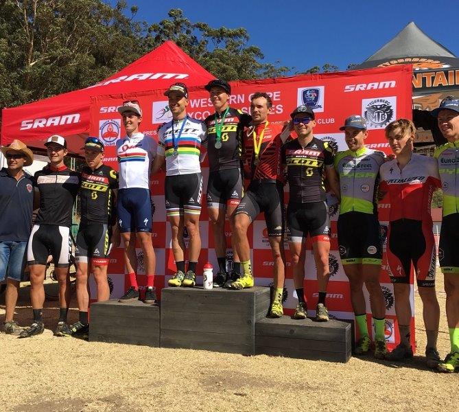 Swiss trio Matthias Stirnemann, Nino Schurter and Marcel Guerrini dominated the SA MTB Cup Series XCO #1, finishing first to third respectively. Photo:twitter.com/Team_Spur
