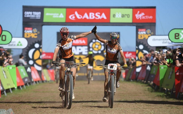 Investec-Songo-Specialized's Annika Langvad and Kate Courtney pictured soloing to victory on stage two of the Cape Epic today. Photo: Zoon Cronje