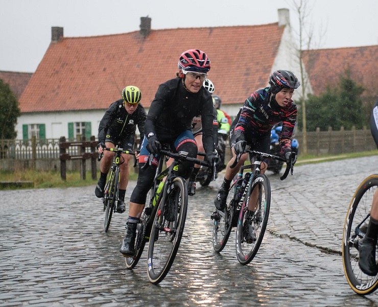 Ashleigh Moolman-Pasio pictured during the rain-soaked Dwars door Vlaanderen in Belgium yesterday. Photo: Velofocus