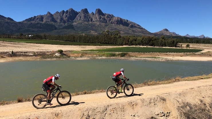 Stage winners Centurion Vaude's Nicola Rohrbach and Daniel Geismayr pictured in the front of stage four of the Cape Epic today. Photo: Cape Epic