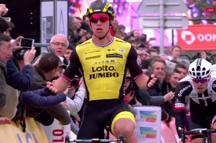 Dylan Groenewegen pictured winning stage two of the Paris-Nice in Vierzon today. Photo: @LottoJumbo_road
