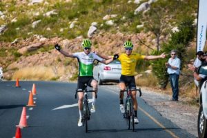 DiData's Kent Main (left) and yellow jersey Stefan de Bod pictured dully crossing the finish in first place on stage three of the Tour of Good Hope. Photo: Robert Ward