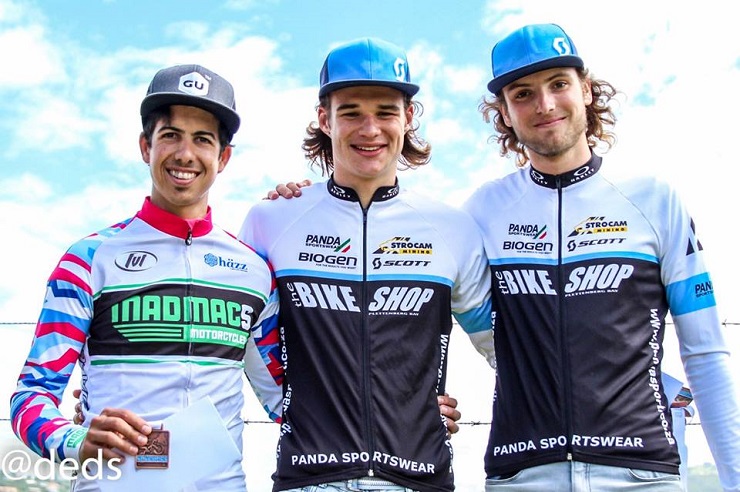 Aidan Connelly (middle) won the 80km Kingfisher MTB Marathon in the Western Cape on Saturday, beating Rogan Smart (right) and Etnard Louw. Photo: Deidre Cloete