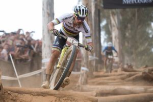 World champion Nino Schurter pictured taking on the 'pick-up-sticks' in the elite men's race at the UCI Mountain Bike World Cup in Stellenbosch. Photo: Shannon Valstar