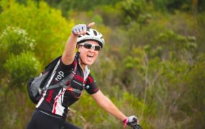 A rider showing a thumbs-up on stage one of the 2018 PE Plett.