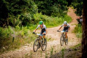 One of the men's teams in action on stage one of the 2018 PE Plett.