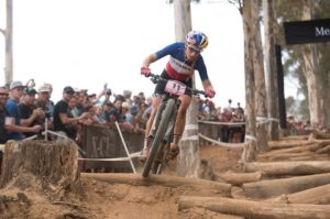 Frenchwoman Pauline Prevot Ferrand pictured taking on the 'pick-up-sticks' during the women's elite race - where she came second - at the UCI Mountain Bike World Cup in Stellenbosch. Photo: Shannon Valstar