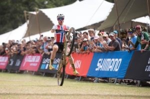 Under-23 men's winner Petter Fagerhaug pictured showing off as he cruised to victory at the UCI Mountain Bike World Cup in Stellenbosch. Photo: Shannon Valstar