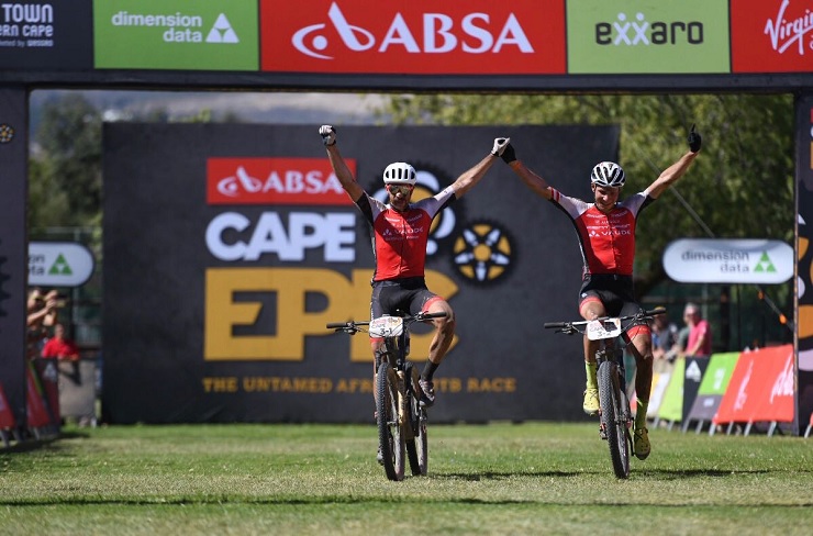 Centurion Vaude's Nicola Rohrbach and Daniel Geismayr pictured winning stage four of the Cape Epic in Wellington today. Photo: Zoon Cronje/Cape Epic