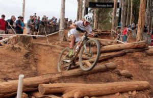 One of the elite women in action during the first leg of the 2018 UCI Mountain Bike World Cup.