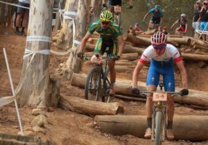 A picture of two riders at the opening leg of the 2018 UCI Mountain Bike World Cup.