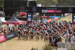 The elite men's field pictured shooting off for their race at the UCI Mountain Bike World Cup in Stellenbosch. Photo: Shannon Valstar
