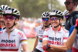 Elite women riders pictured before their race at the UCI Mountain Bike World Cup in Stellenbosch. South Africa's Mariske Strauss pictured in the centre. Photo: Shannon Valstar