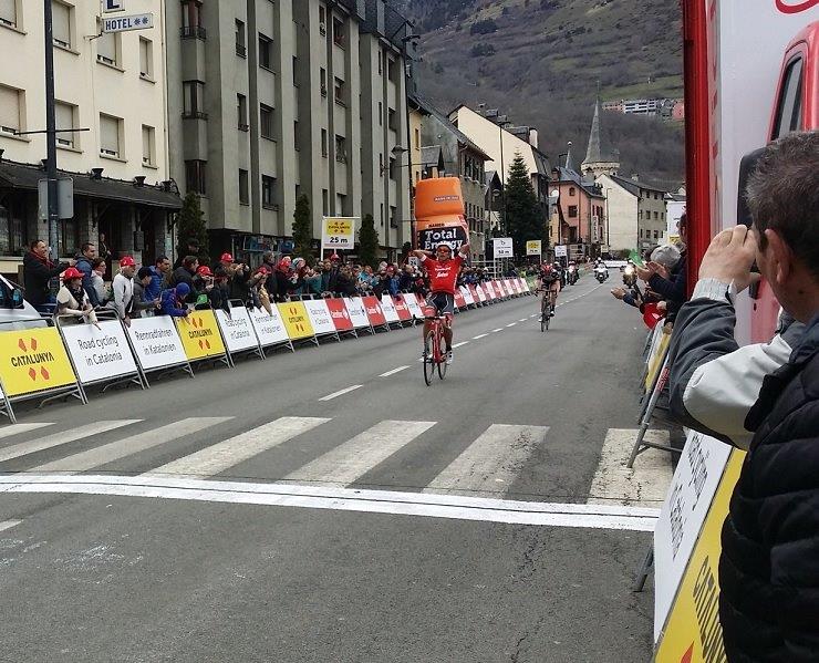 Trek-Segafredo's Jarlinson Pantano pictured crossing the finish to win stage five of the Volta a Catalunya in Vielha, Spain, today. Photo: @VoltaCatalunya/@namussfilms