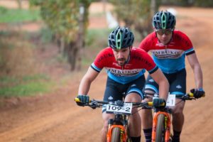 Marco Joubert and Dylan Rebello in action on stage one of the Liberty Winelands MTB Encounter