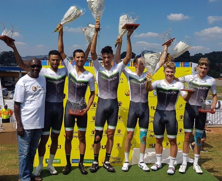 Team ProTouch riders pictured atop the podium after their third stage team time-trial victory of the Tour de Limpopo in Tzaneen today. Photo: ProTouch Sports