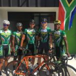 Nicholas Dlamini (right) standing alongside Team South African teammates from left: Nolan Hoffman, Clint Hendricks, Brendon Davids and Bradley Potgieter ahead of their Commonwealth Games road race tomorrow. Photo: Bosseau Boshoff
